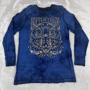 Y2K Affliction Shirt Mens XL Blue Reversible Thermal Distressed Grunge Biker Alt